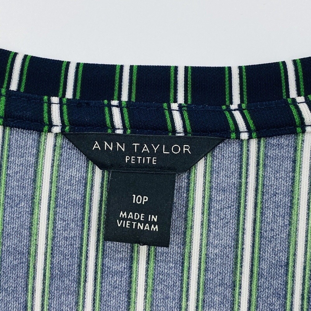 ANN TAYLOR Womens Midi Dress Petite 10P Blue Green Stripe Sheath 3/4 Sleeve Chic - Picture 6 of 13